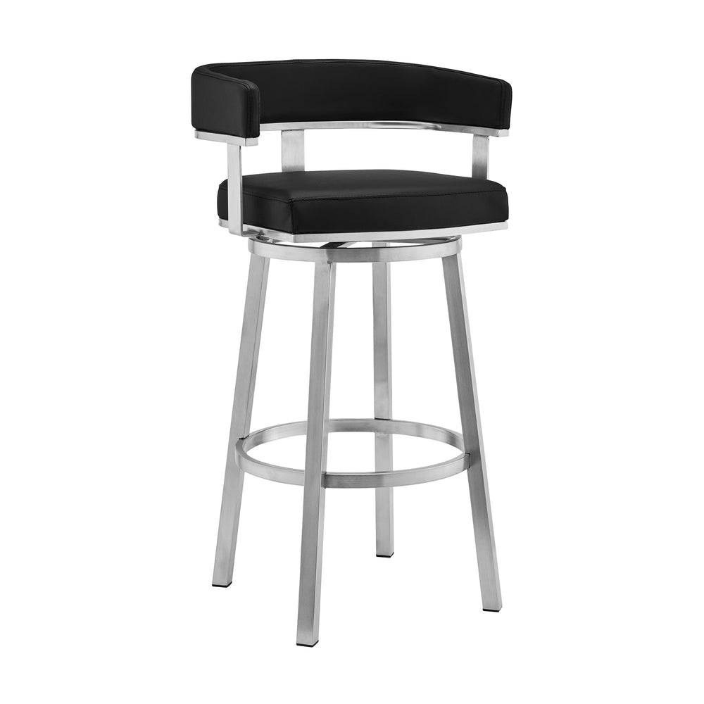 30" Black And Silver Faux Leather And Iron Swivel Low Back Bar Height Bar Chair - Homeroots