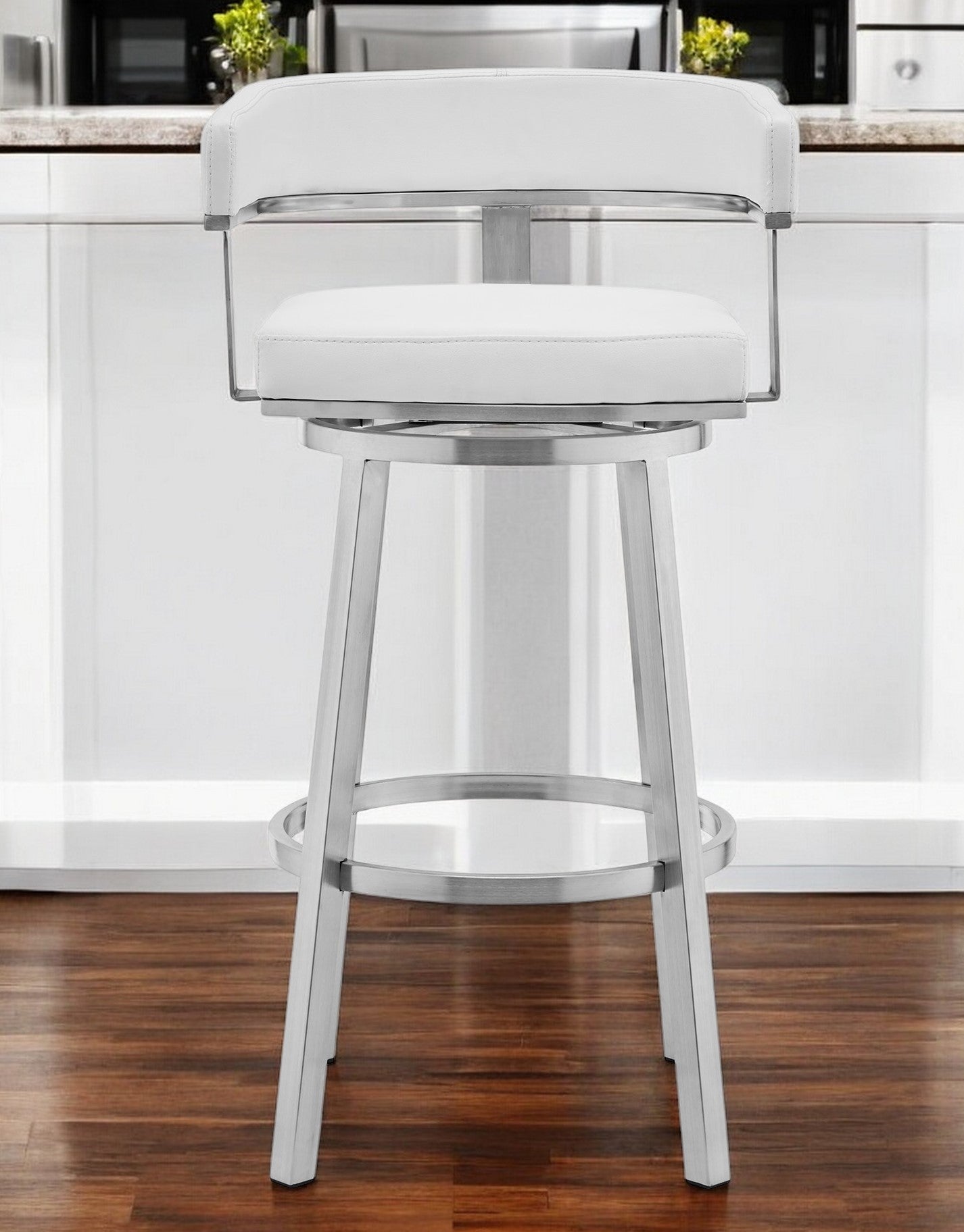 26" White And Silver Faux Leather And Stainless Steel Low Back Counter Height Swivel Bar Chair - Homeroots - Flyclothing LLC