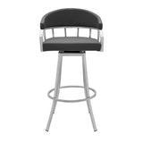 30" Gray And Silver Faux Leather And Iron Swivel Low Back Bar Height Bar Chair - Homeroots
