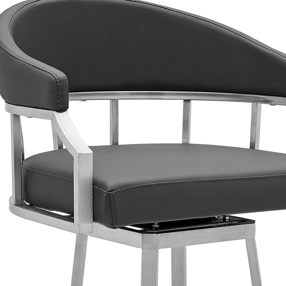 30" Gray And Silver Faux Leather And Iron Swivel Low Back Bar Height Bar Chair - Homeroots - Flyclothing LLC