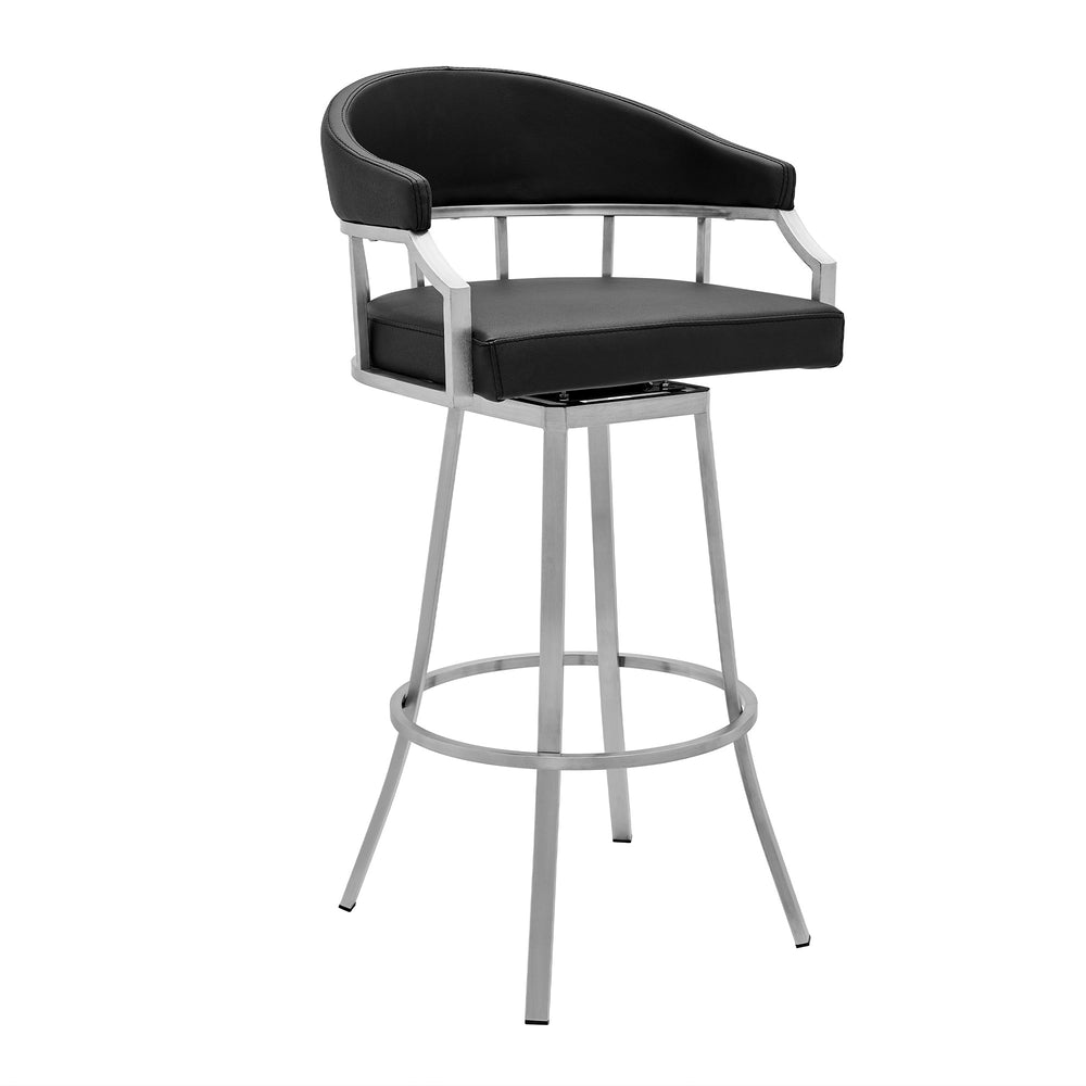 26" Black And Silver Faux Leather And Iron Swivel Low Back Counter Height Bar Chair - Homeroots