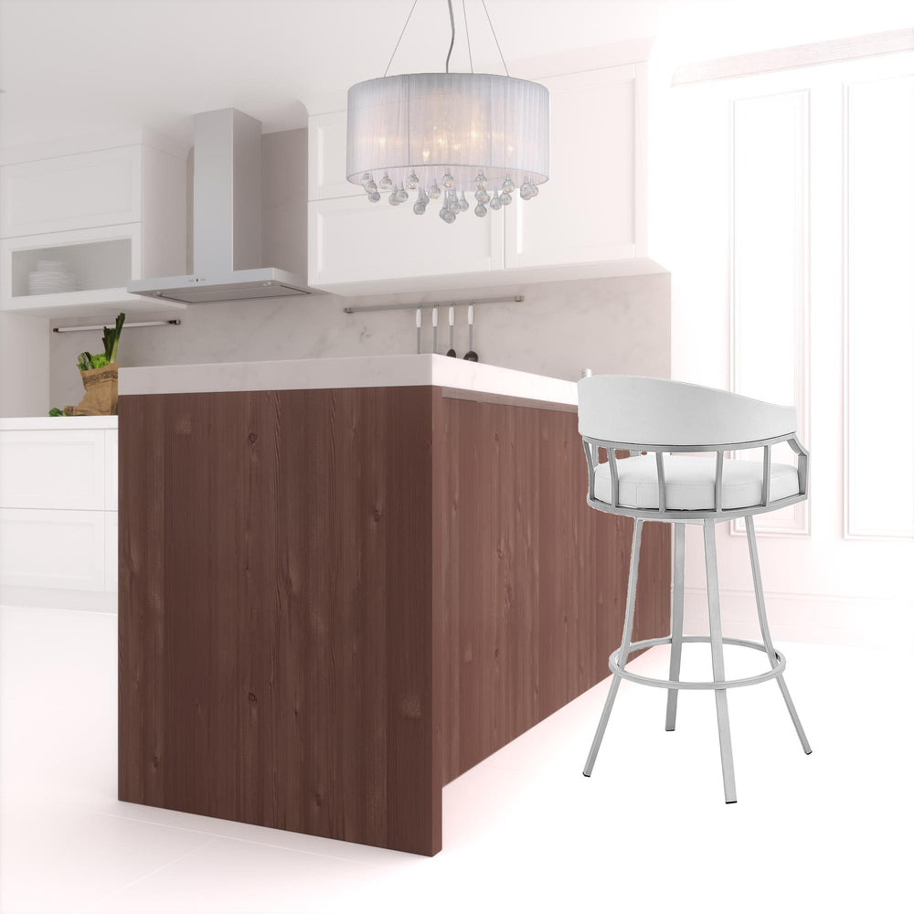 30" White And Silver Faux Leather And Iron Swivel Low Back Bar Height Bar Chair - Homeroots - Flyclothing LLC