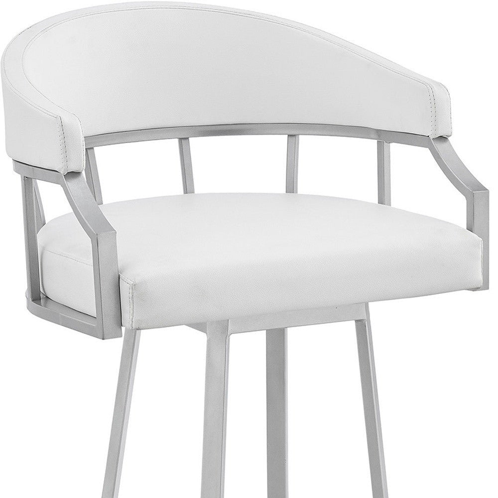 30" White And Silver Faux Leather And Iron Swivel Low Back Bar Height Bar Chair - Homeroots - Flyclothing LLC