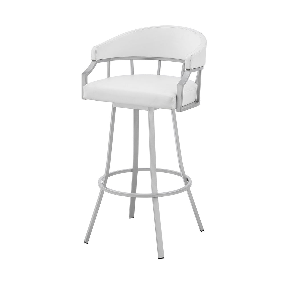30" White And Silver Faux Leather And Iron Swivel Low Back Bar Height Bar Chair - Homeroots - Flyclothing LLC