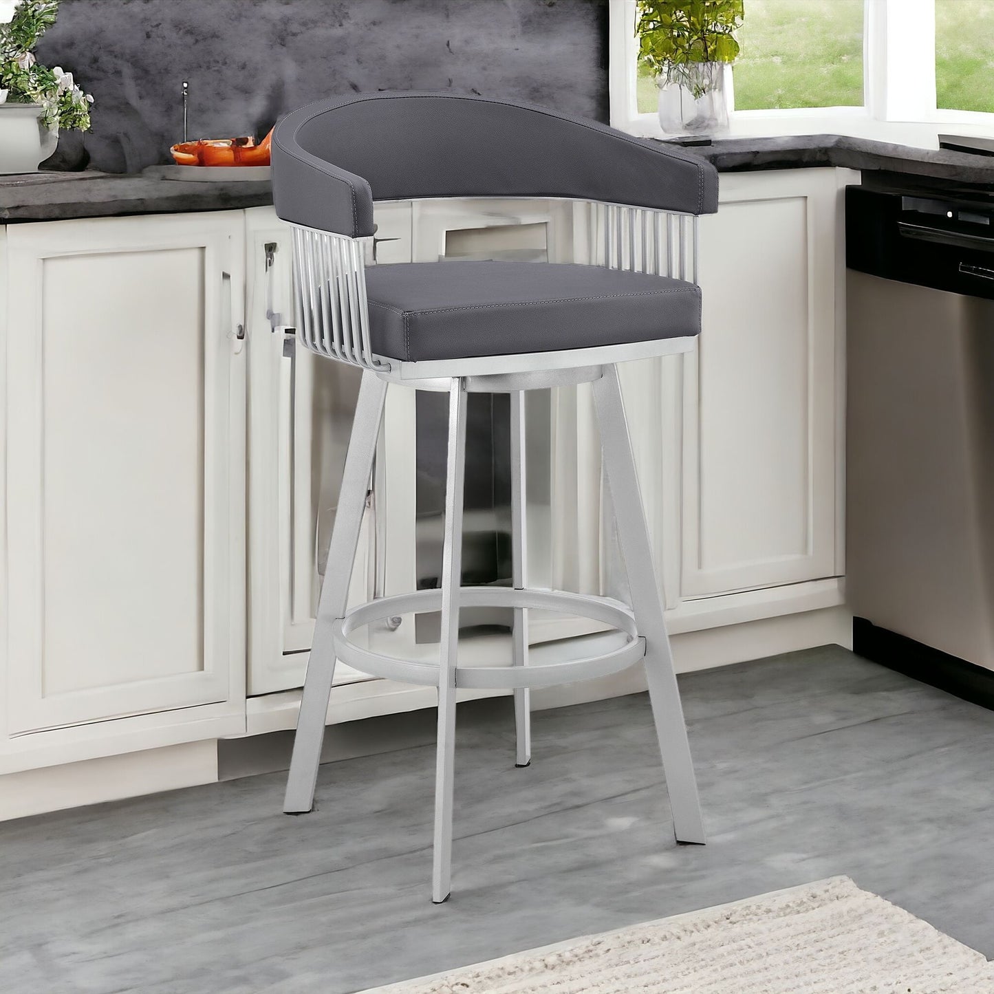 25" Slate Gray And Silver Iron Swivel Low Back Counter Height Bar Chair - Homeroots - Flyclothing LLC