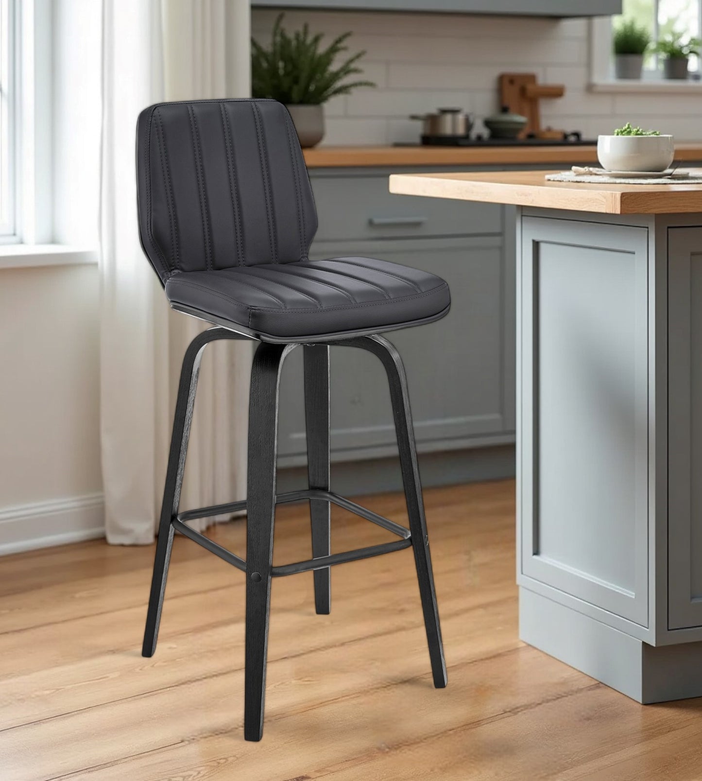 27" Gray And Black Faux Leather And Iron Swivel Counter Height Bar Chair - Homeroots - Flyclothing LLC