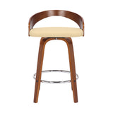 26" Cream And Brown Faux Leather And Solid Wood Swivel Low Back Counter Height Bar Chair