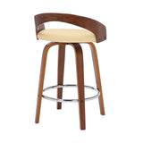 26" Cream And Brown Faux Leather And Solid Wood Swivel Low Back Counter Height Bar Chair - Homeroots