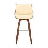 26" Cream And Brown Faux Leather And Solid Wood Swivel Counter Height Bar Chair