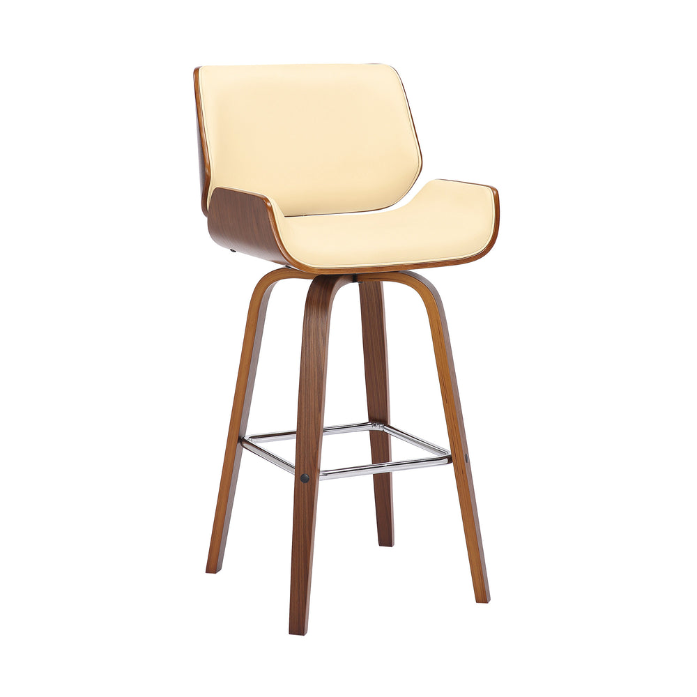 30" Cream And Brown Faux Leather And Solid Wood Swivel Bar Height Bar Chair - Homeroots