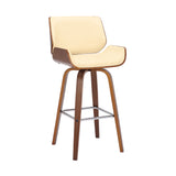 30" Cream And Brown Faux Leather And Solid Wood Swivel Bar Height Bar Chair - Homeroots
