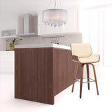30" Cream And Brown Faux Leather And Solid Wood Swivel Bar Height Bar Chair - Homeroots