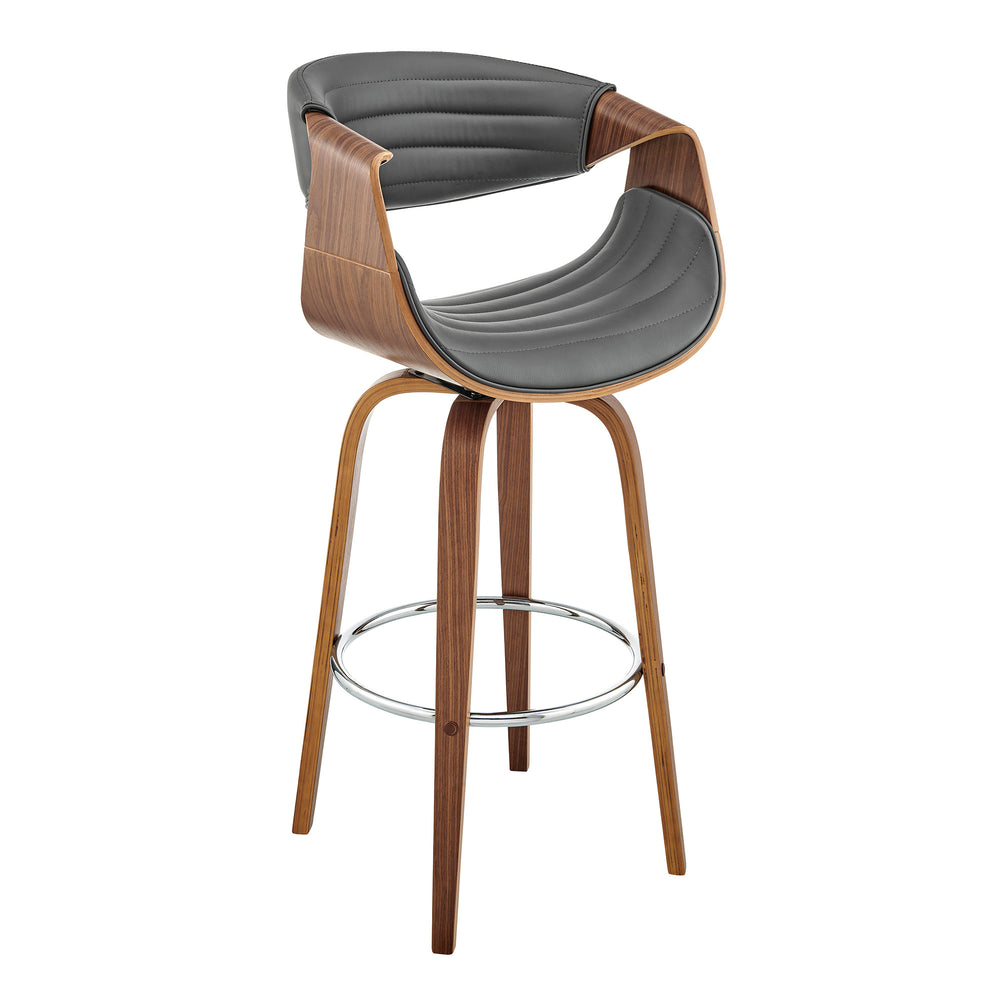 30" Gray and Brown And Brown Faux Leather And Solid Wood Swivel Bar Chair - Homeroots