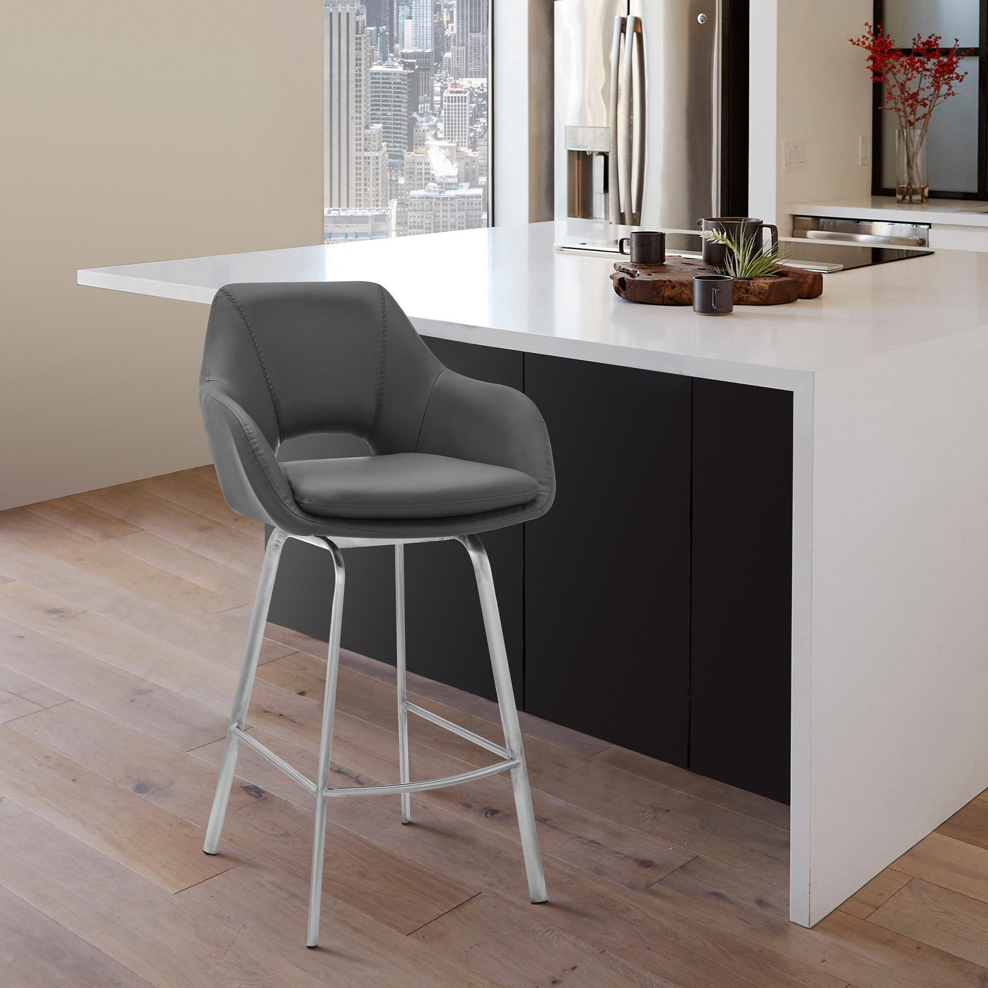 30" Gray And Silver Iron Swivel Low Back Bar Height Bar Chair - Homeroots - Flyclothing LLC