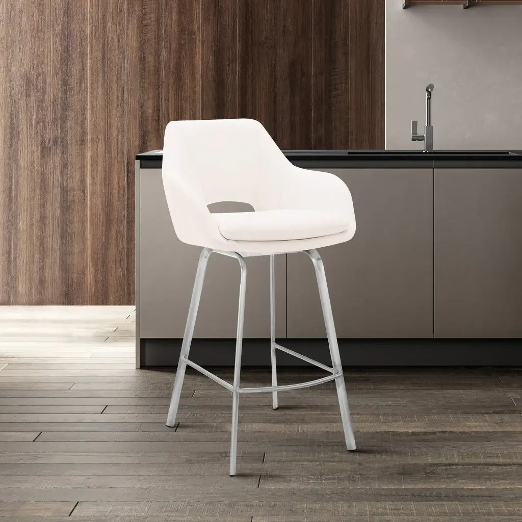 30" White And Silver Iron Swivel Low Back Bar Height Bar Chair - Homeroots - Flyclothing LLC