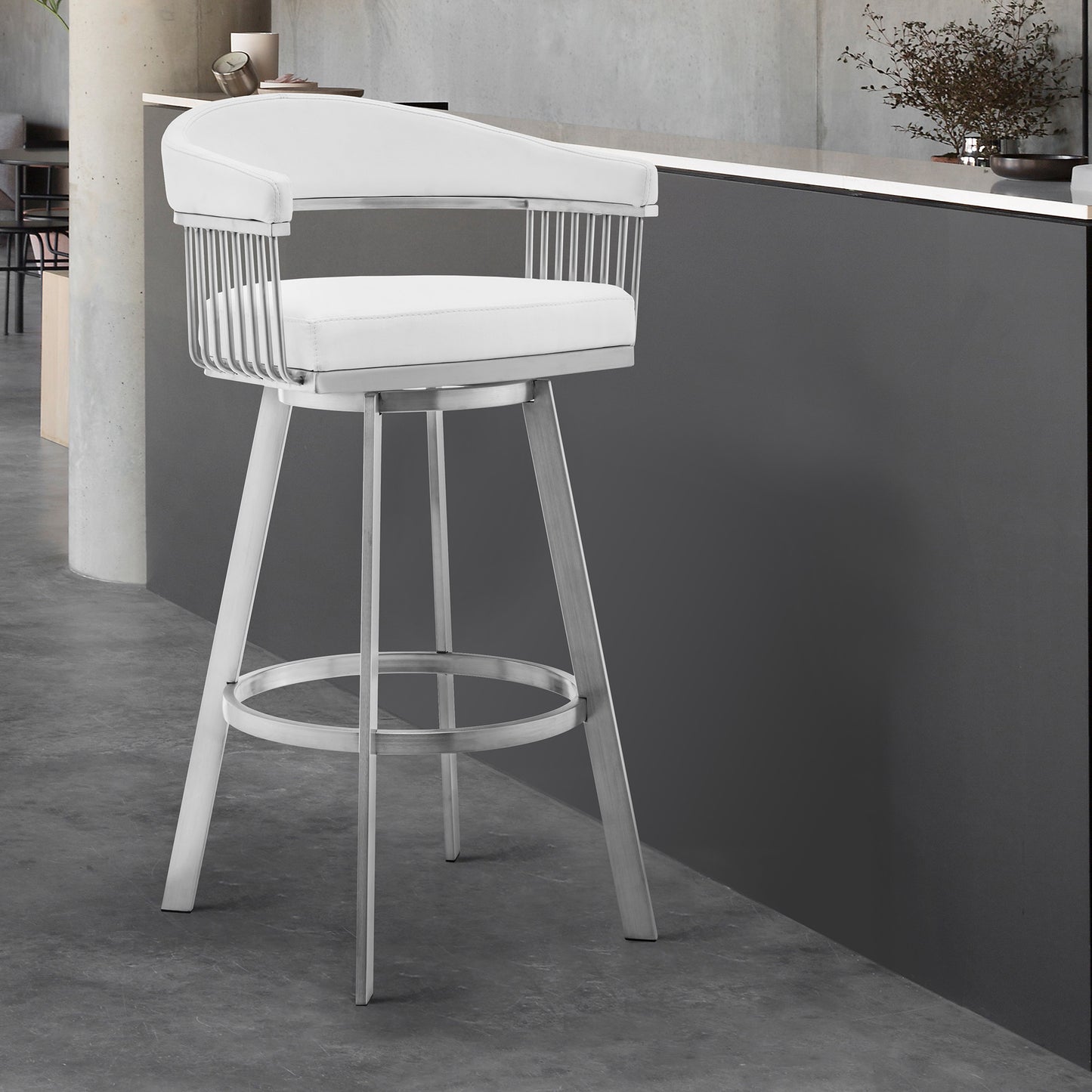 29" White And Silver Iron Swivel Low Back Bar Height Bar Chair - Homeroots - Flyclothing LLC