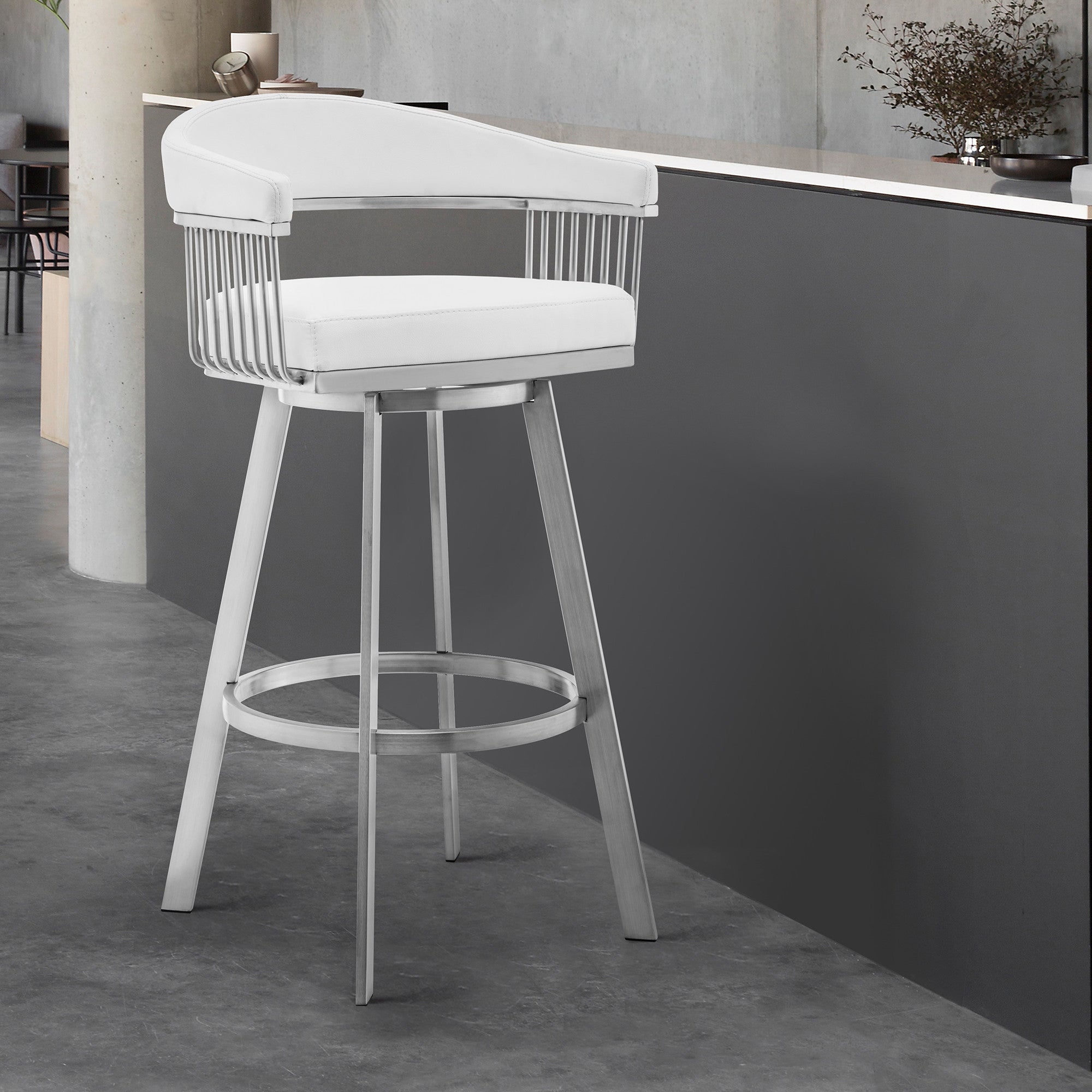 29" White And Silver Iron Swivel Low Back Bar Height Bar Chair - Homeroots - Flyclothing LLC