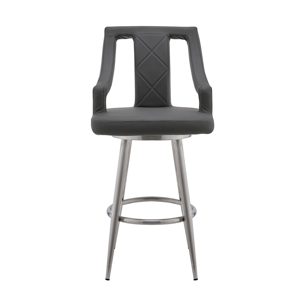 25" Gray And Silver Faux Leather And Iron Swivel Counter Height Bar Chair - Homeroots - Flyclothing LLC