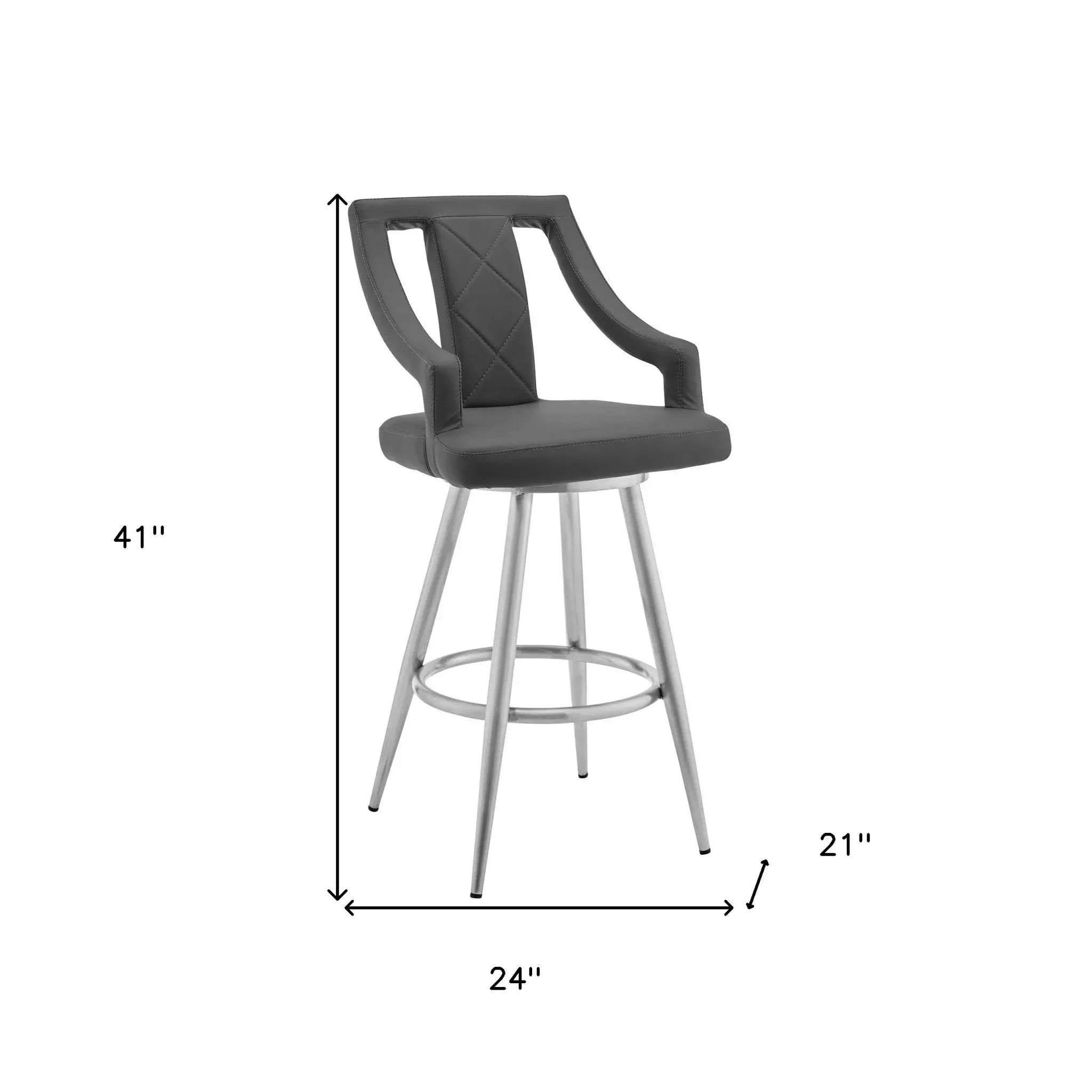 25" Gray And Silver Faux Leather And Iron Swivel Counter Height Bar Chair - Homeroots - Flyclothing LLC