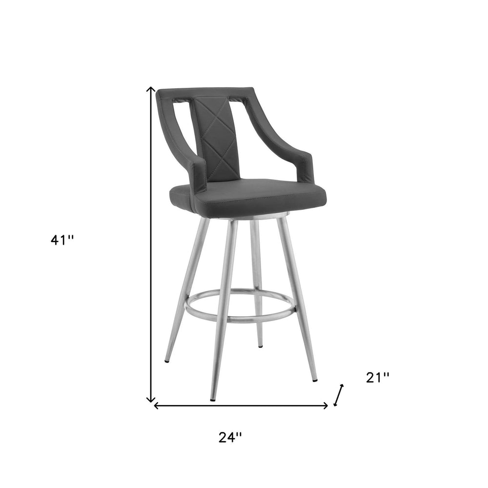 25" Gray And Silver Faux Leather And Iron Swivel Counter Height Bar Chair - Homeroots - Flyclothing LLC
