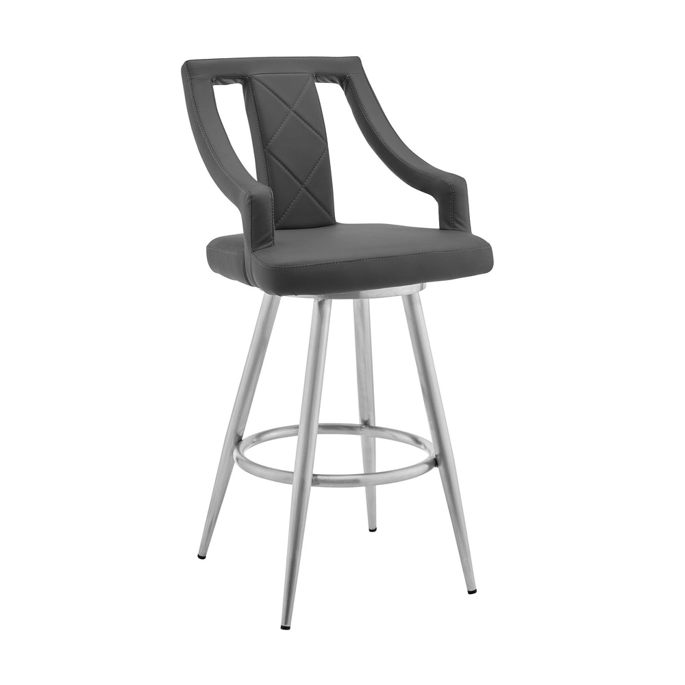 29" Gray And Silver Faux Leather And Iron Swivel Bar Height Bar Chair - Homeroots