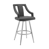 29" Gray And Silver Faux Leather And Iron Swivel Bar Height Bar Chair - Homeroots