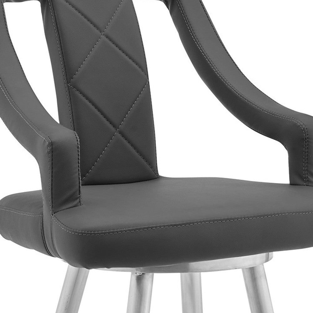 29" Gray And Silver Faux Leather And Iron Swivel Bar Height Bar Chair - Homeroots - Flyclothing LLC