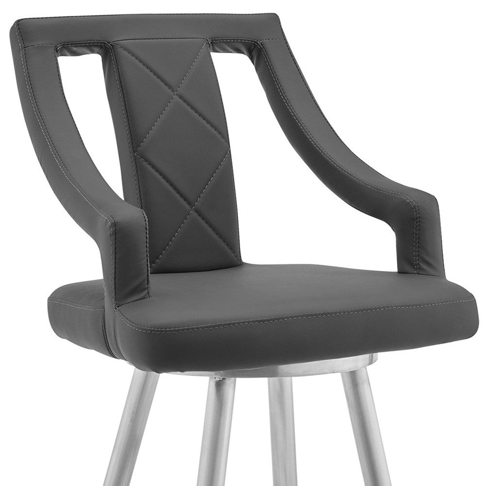 29" Gray And Silver Faux Leather And Iron Swivel Bar Height Bar Chair - Homeroots - Flyclothing LLC