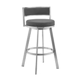 26" Gray And Silver Faux Leather And Iron Swivel Low Back Counter Height Bar Chair - Homeroots