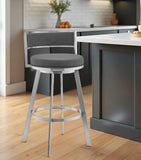 26" Gray And Silver Faux Leather And Iron Swivel Low Back Counter Height Bar Chair