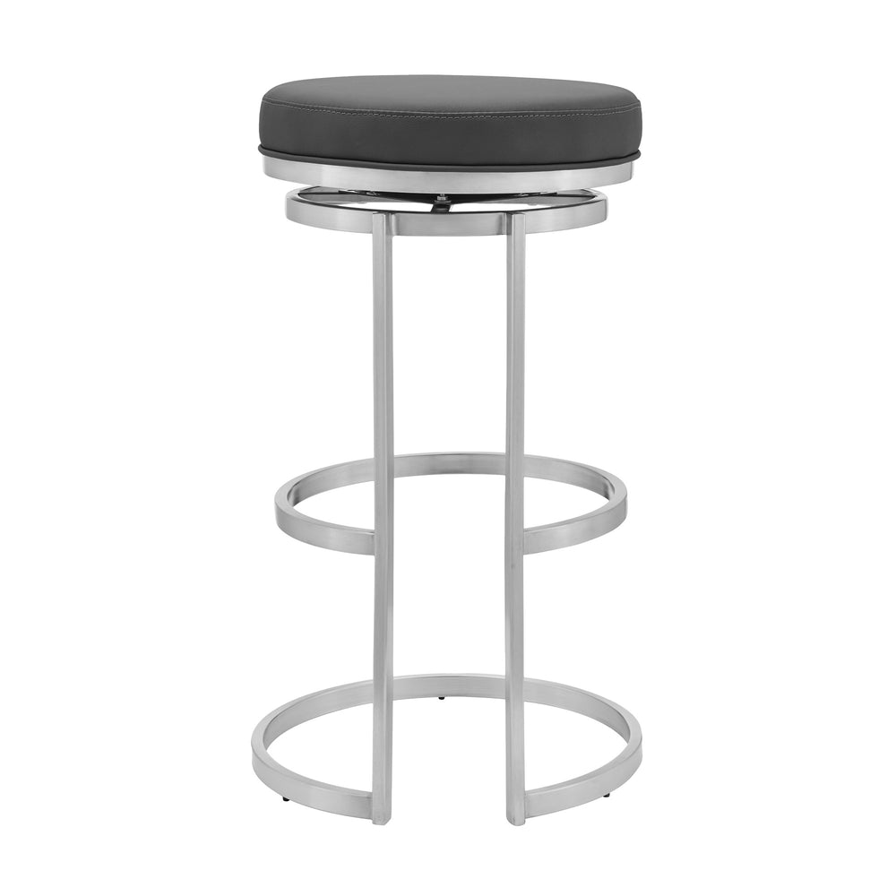 30" Gray And Silver Faux Leather And Iron Swivel Backless Bar Height Bar Chair - Homeroots