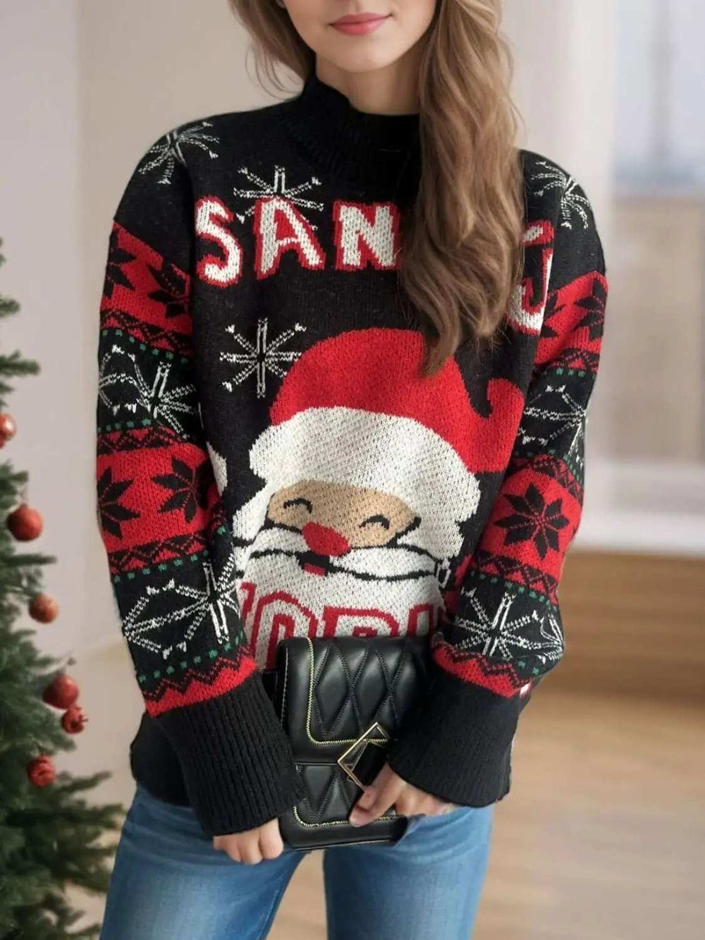 Santa Mock Neck Long Sleeve Sweater - Trendsi - Flyclothing LLC