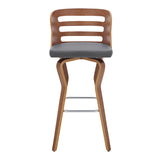 29" Gray And Brown Faux Leather Swivel Low Back Bar Height Bar Chair