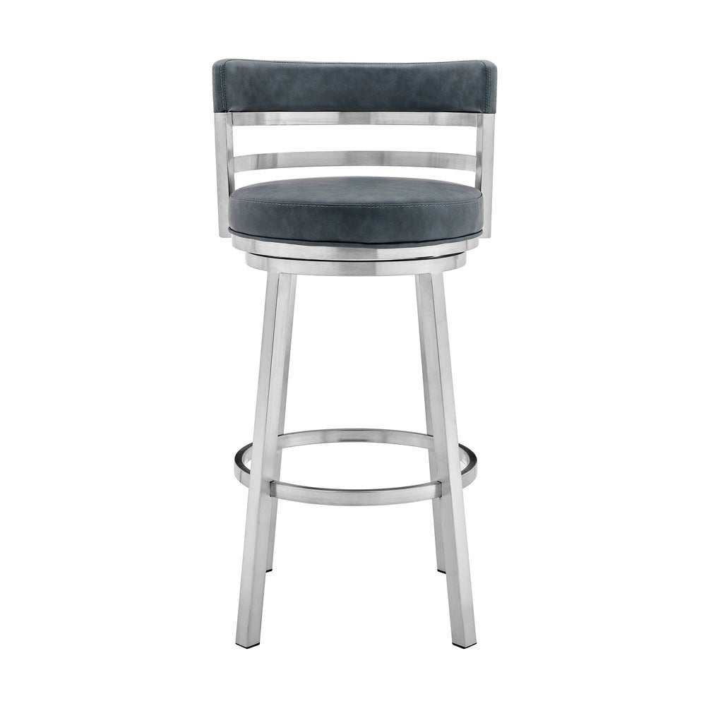 26" Blue And Silver Faux Leather And Stainless Steel Swivel Low Back Counter Height Bar Chair - Homeroots