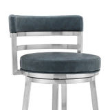 26" Blue And Silver Faux Leather And Stainless Steel Swivel Low Back Counter Height Bar Chair - Homeroots