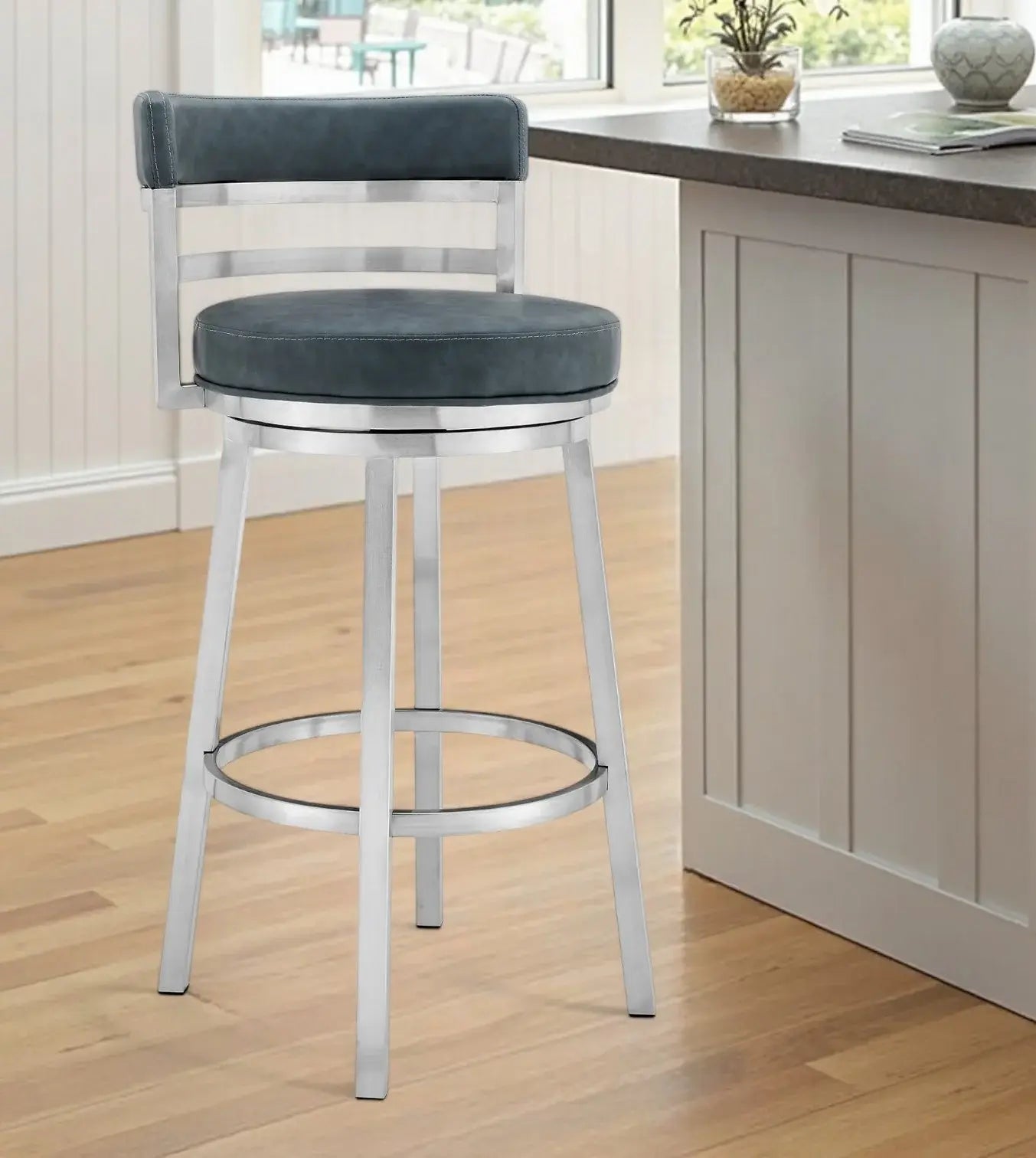 26" Blue And Silver Faux Leather And Stainless Steel Swivel Low Back Counter Height Bar Chair - Homeroots - Flyclothing LLC