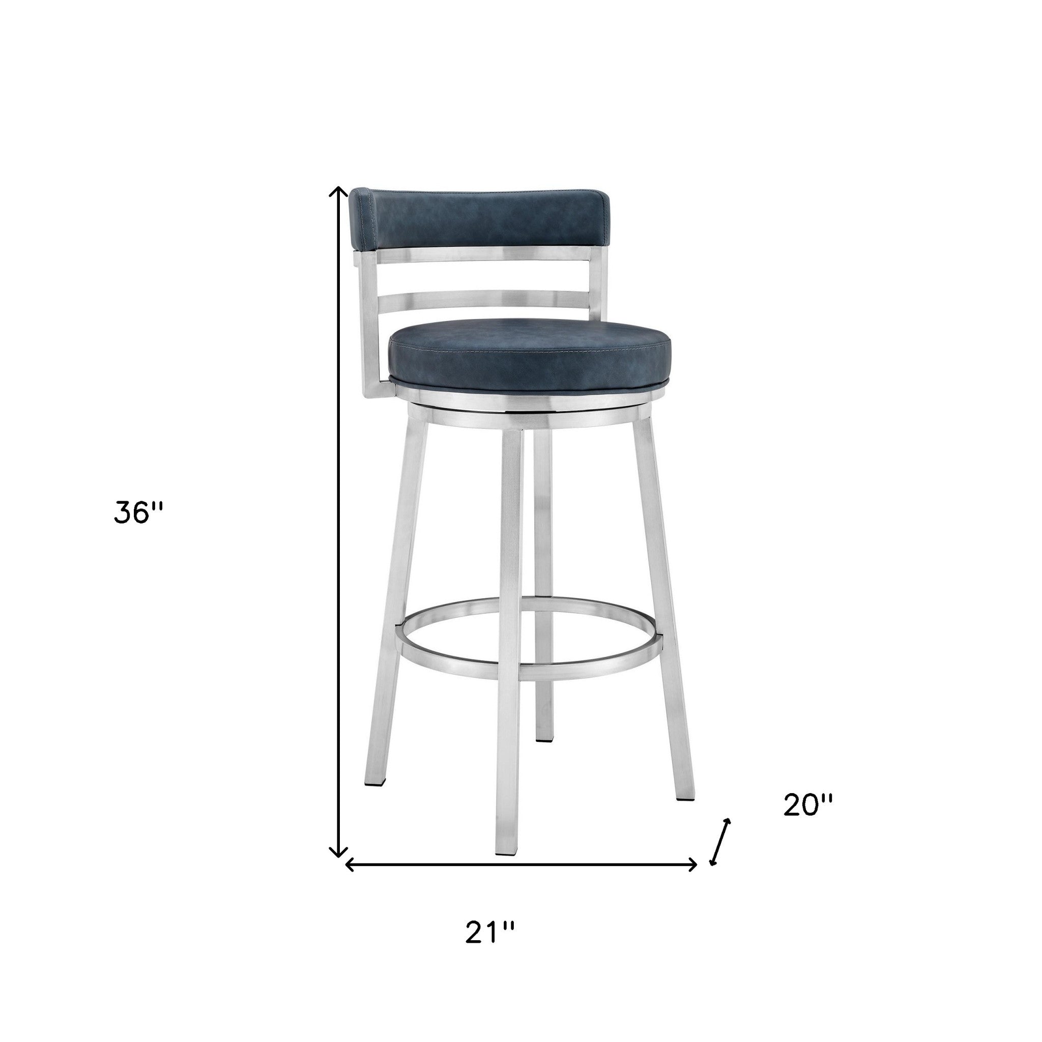 26" Blue And Silver Faux Leather And Stainless Steel Swivel Low Back Counter Height Bar Chair - Homeroots - Flyclothing LLC