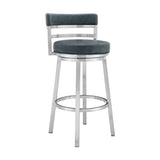 26" Blue And Silver Faux Leather And Stainless Steel Swivel Low Back Counter Height Bar Chair - Homeroots - Flyclothing LLC