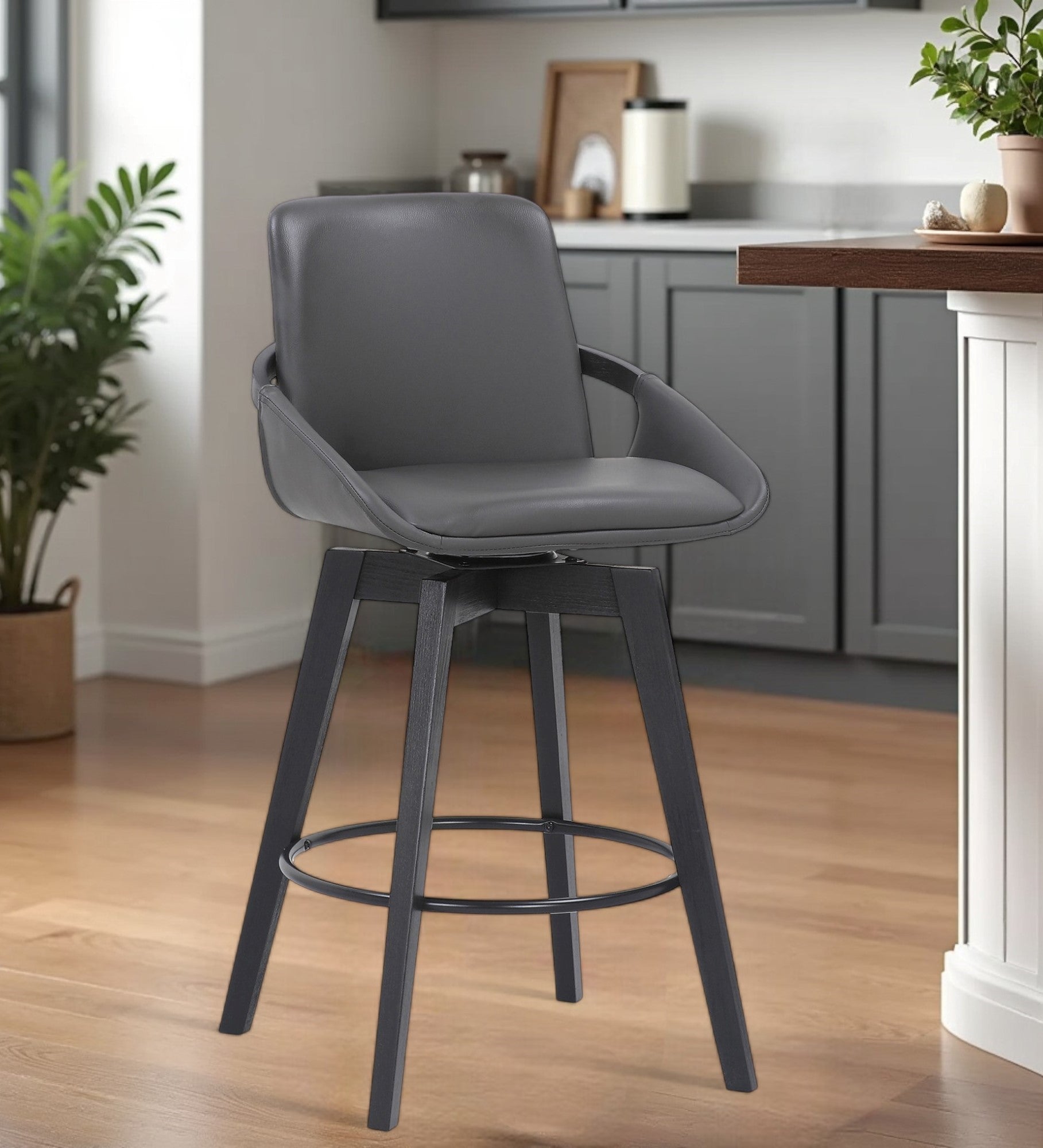 27" Gray And Black Faux Leather Swivel Low Back Bar Height Bar Chair - Homeroots - Flyclothing LLC