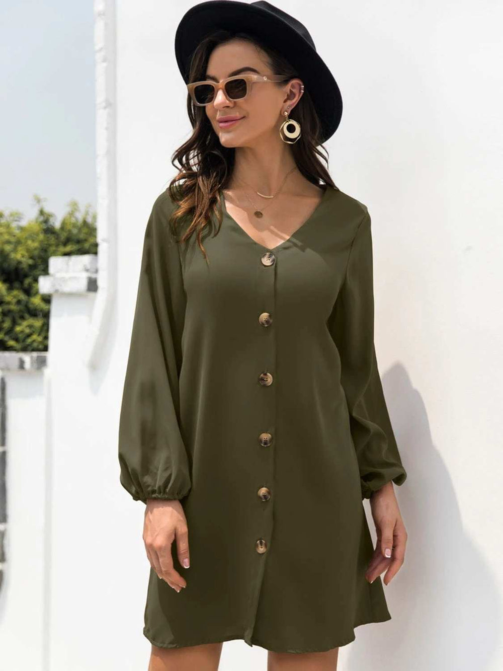 V-Neck Long Sleeve Mini Dress - Trendsi - Flyclothing LLC