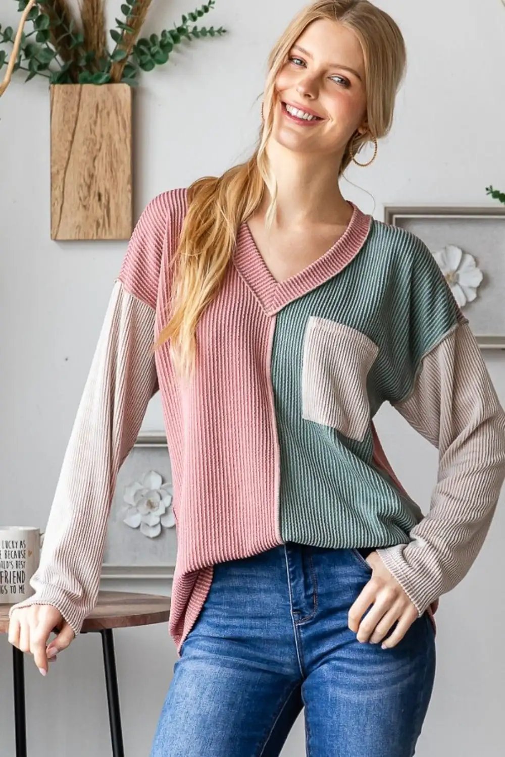 Heimish Color Block Exposed Seam Ribbed T-Shirt - Trendsi