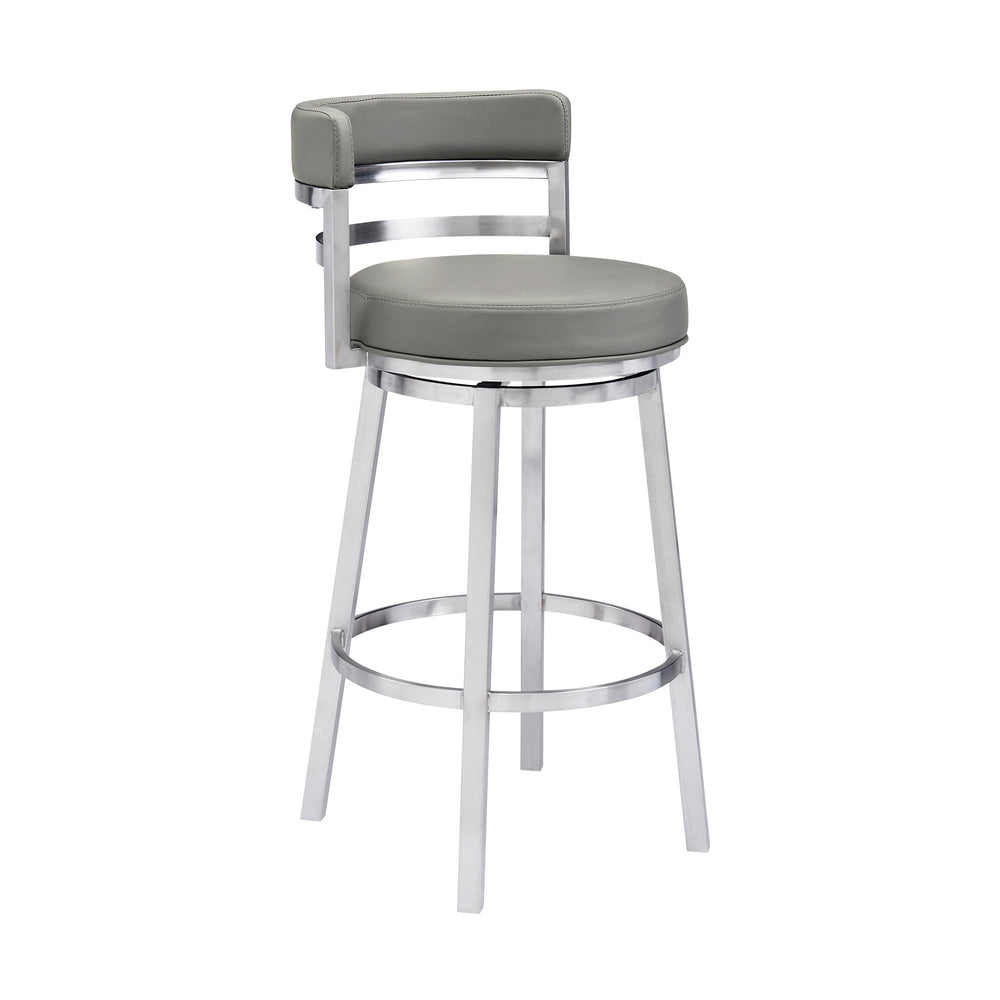30" Gray And Silver Faux Leather And Iron Swivel Low Back Bar Height Bar Chair - Homeroots