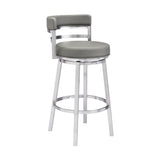 30" Gray And Silver Faux Leather And Iron Swivel Low Back Bar Height Bar Chair - Homeroots
