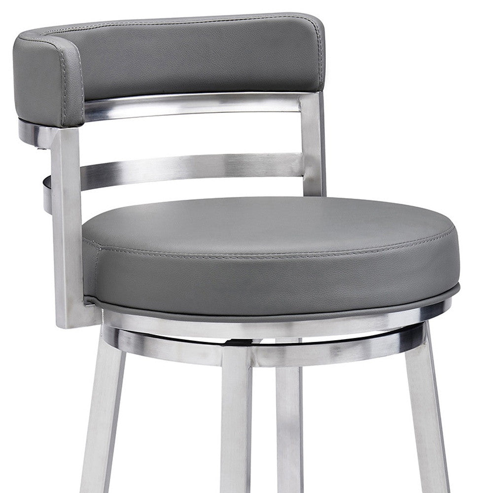 26" Gray And Silver Faux Leather And Iron Swivel Low Back Counter Height Bar Chair - Homeroots - Flyclothing LLC