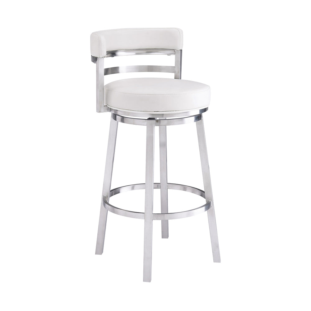 30" White And Silver Faux Leather And Iron Swivel Low Back Bar Height Bar Chair - Homeroots