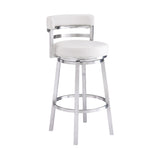 30" White And Silver Faux Leather And Iron Swivel Low Back Bar Height Bar Chair - Homeroots
