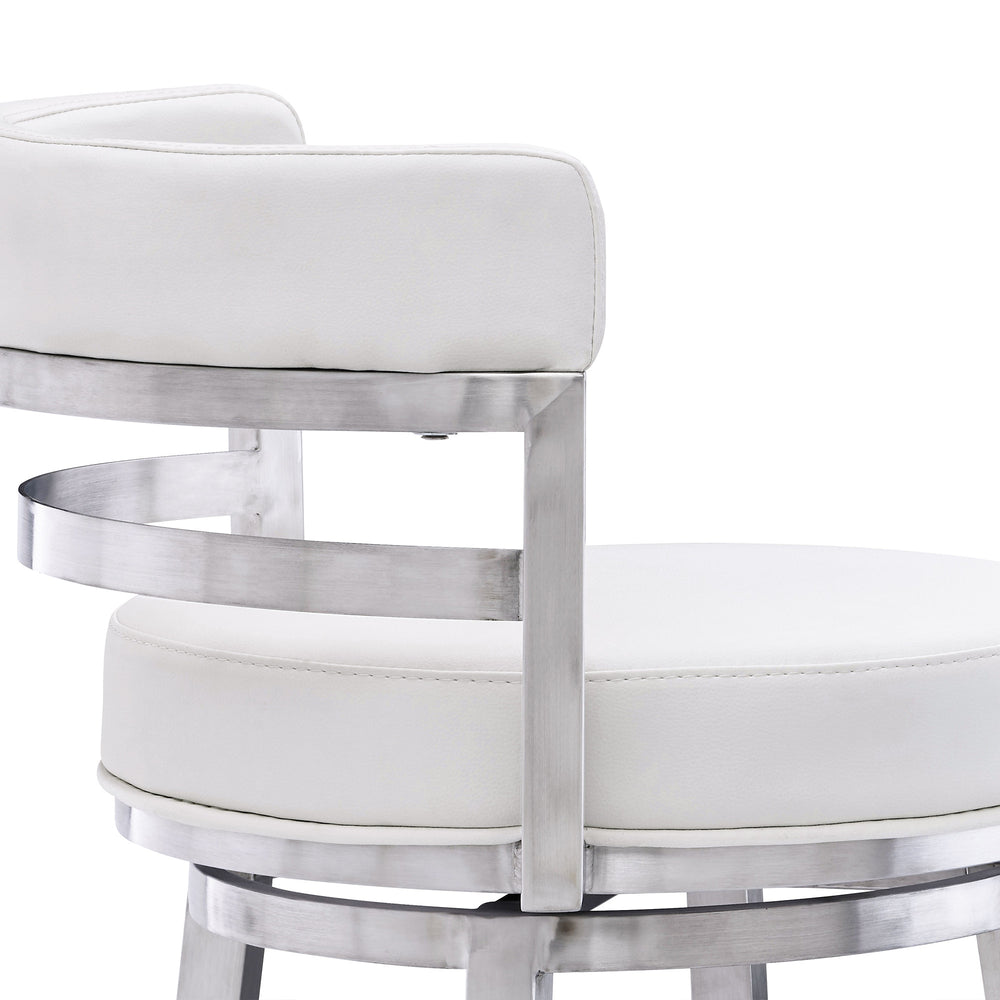 30" White And Silver Faux Leather And Iron Swivel Low Back Bar Height Bar Chair - Homeroots - Flyclothing LLC