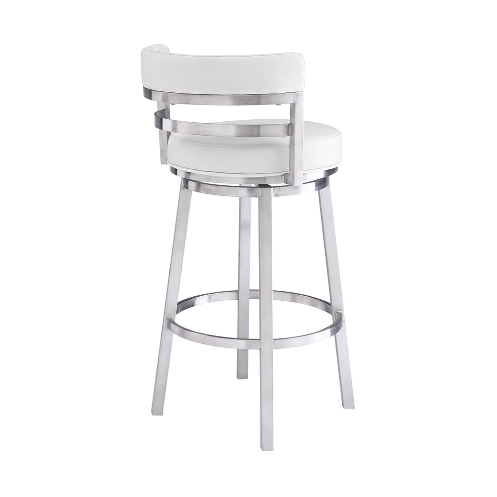 30" White And Silver Faux Leather And Iron Swivel Low Back Bar Height Bar Chair - Homeroots - Flyclothing LLC