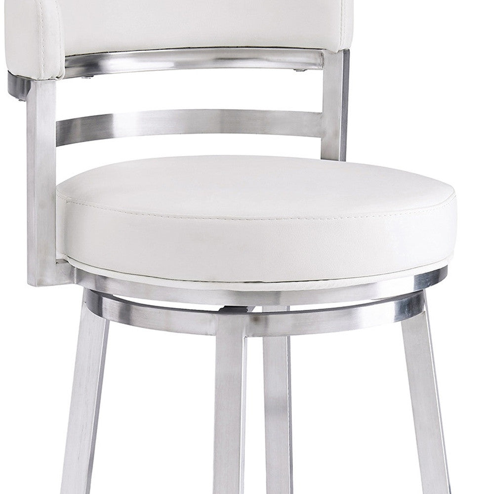 30" White And Silver Faux Leather And Iron Swivel Low Back Bar Height Bar Chair - Homeroots - Flyclothing LLC