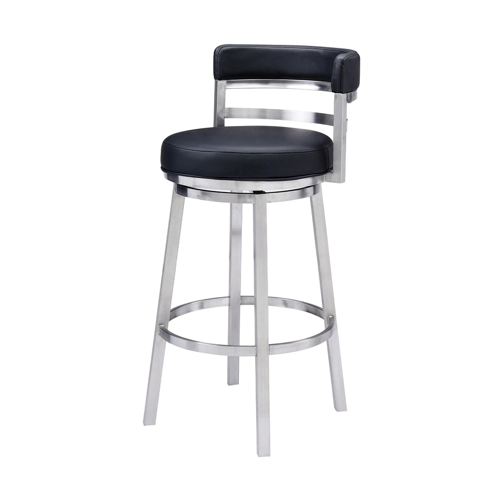 30" Black And Silver Faux Leather And Iron Swivel Low Back Bar Height Bar Chair - Homeroots - Flyclothing LLC